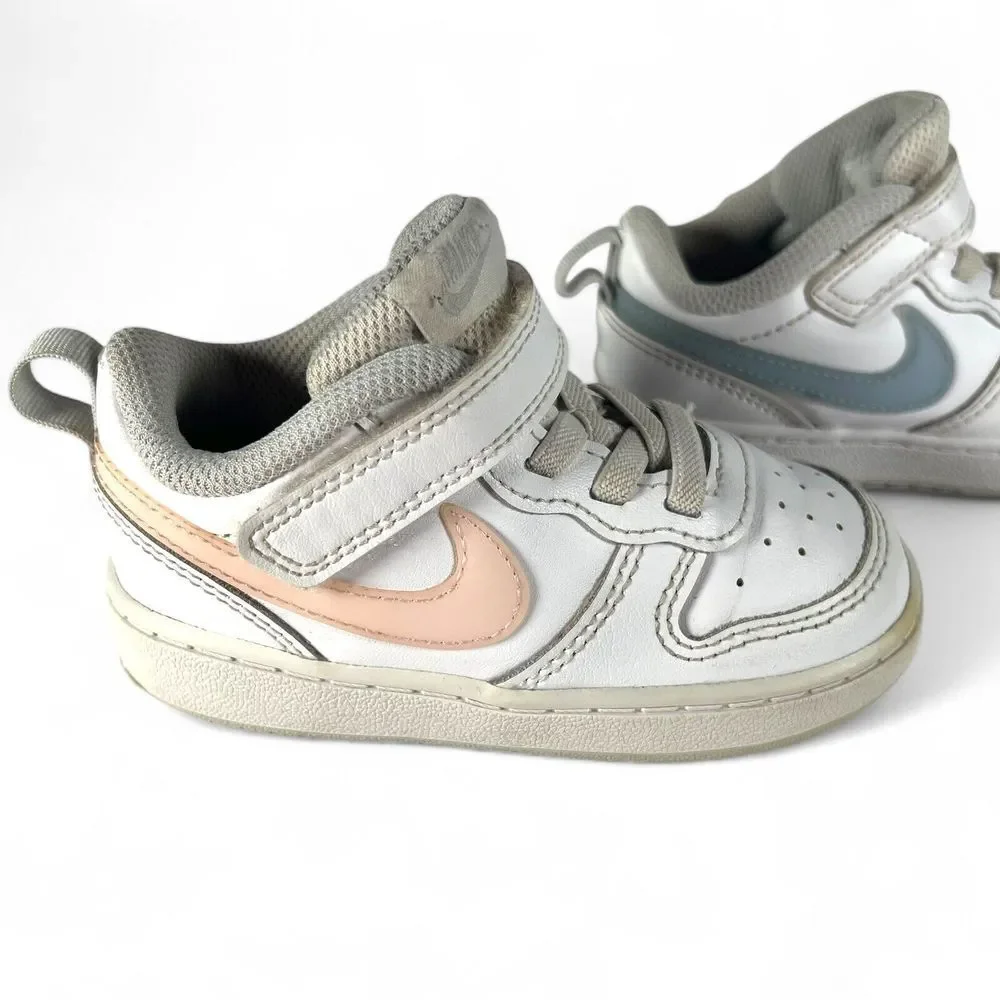 Nike Kids White Sneakers with Blue and Pink Swooshes